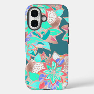Agate green living coral teal rose gold floral Cas iPhone 16 Case