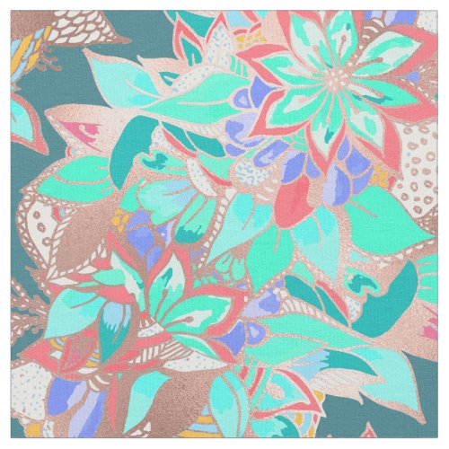 Agate green living coral teal rose gold floral fabric