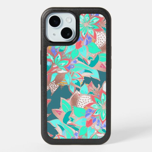 Agate green living coral teal rose gold floral iPhone 15 case