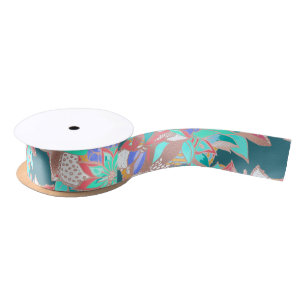 Agate green living coral teal rose gold floral satin ribbon