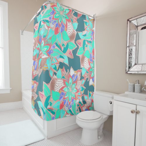 Agate green living coral teal rose gold floral shower curtain