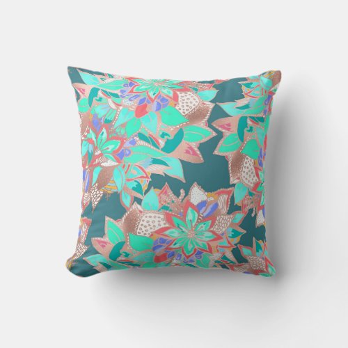 Agate green living coral teal rose gold floral throw pillow