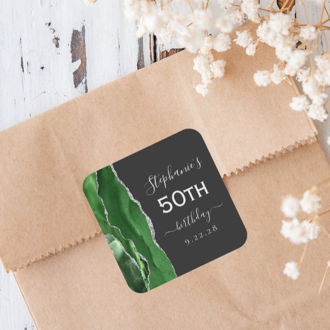 Agate Green Silver Dark 50th Birthday Square Sticker (Creator Uploaded)