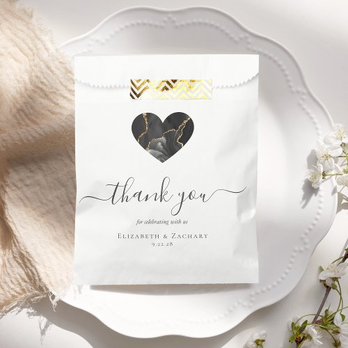 Agate Heart Script Thank You Black Gold Wedding Favor Bag