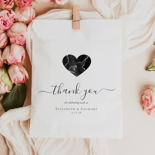 Agate Heart Script Thank You Black Silver Wedding Favor Bag (Creator Uploaded)