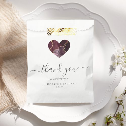 Agate Heart Script Thank You Burgundy Gold Wedding Favor Bag