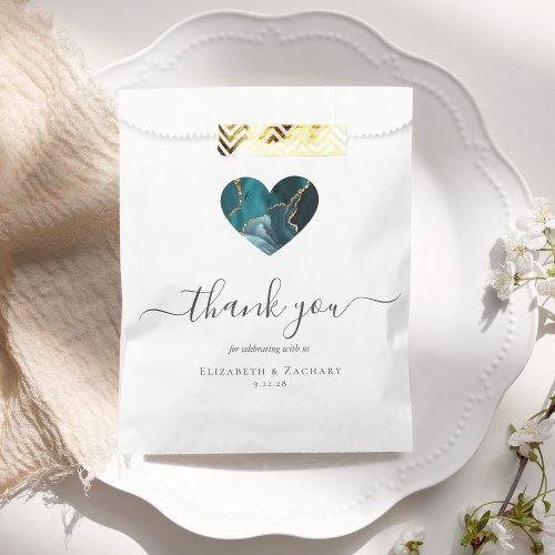 Agate Heart Thank You Teal Blue Gold Wedding Favor Bag