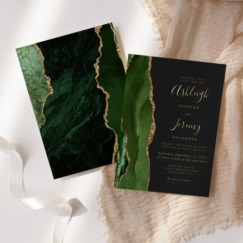 Agate Hunter Green Gold Dark Modern Wedding Foil Invitation