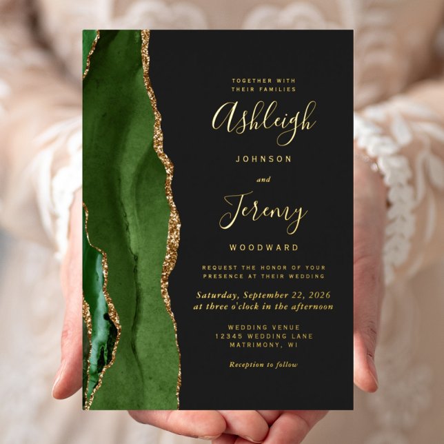 Agate Hunter Green Gold Dark Modern Wedding Foil Invitation (Creator Uploaded)