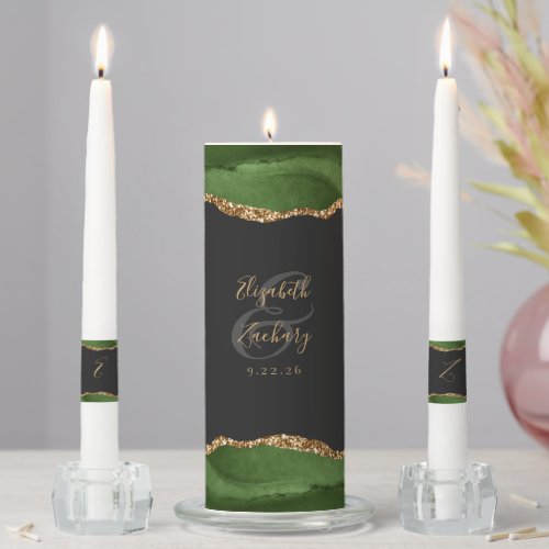 Agate Hunter Green Gold Script Dark Wedding Unity Candle Set