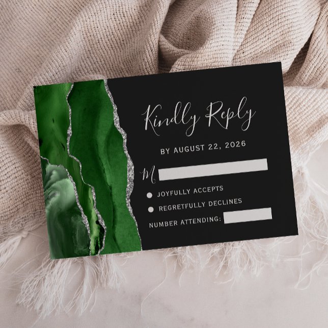 Agate Hunter Green Silver Dark Wedding RSVP Card (Creator Uploaded)