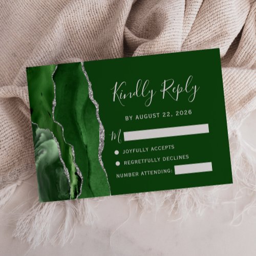 Agate Hunter Green Silver Wedding RSVP Card