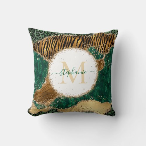 Agate Jungle Animal Gold Glitter Tiger Monogram Throw Pillow