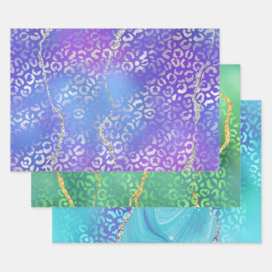 Agate Leopard Print with Glitter and Jewel-Tone Wrapping Paper Sheets