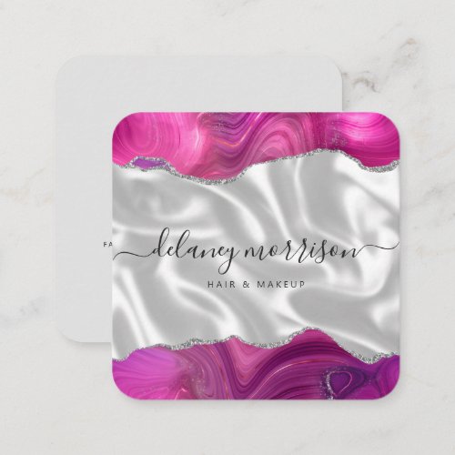 Agate Magenta Silver Luxury Rounded Corners Square Business Card