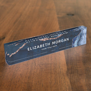 Agate Marble Blue Rose Gold Foil Modern Elegant De Desk Name Plate
