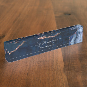 Agate Marble Blue Rose Gold Foil Signature Script Desk Name Plate