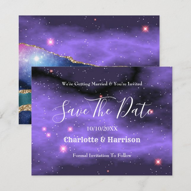 Agate Marble Cosmic Gold Purple Teal Wedding Save The Date (Front/Back)
