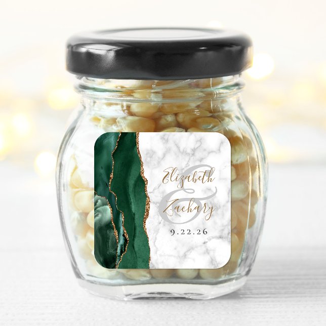 Agate Marble Emerald Green Gold Script Wedding Square Sticker (Creator Uploaded)