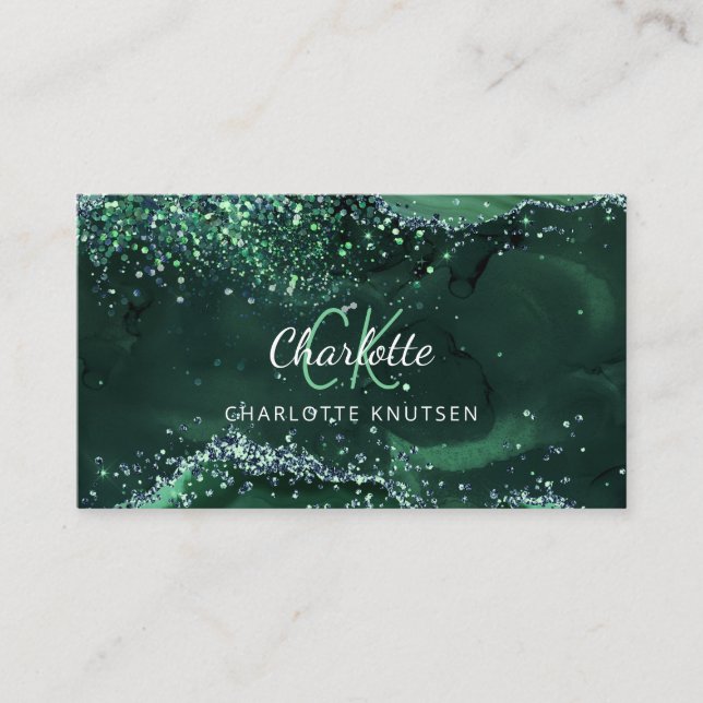Agate marble emerald green monogram business card (Front)