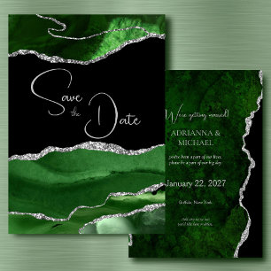 Agate Marble Green & Silver Wedding Save the Date Invitation