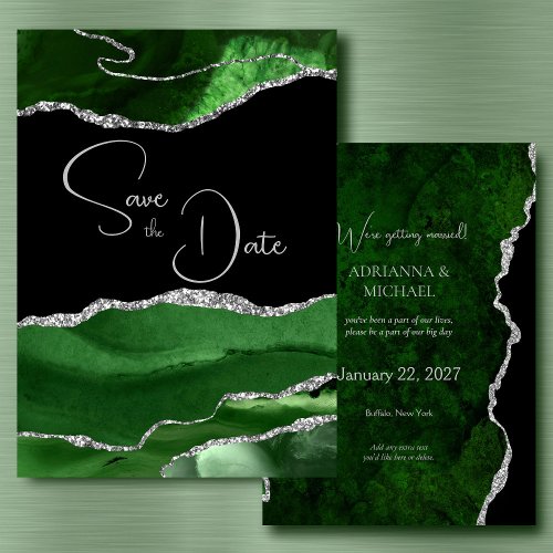 Agate Marble Green  Silver Wedding Save the Date Invitation