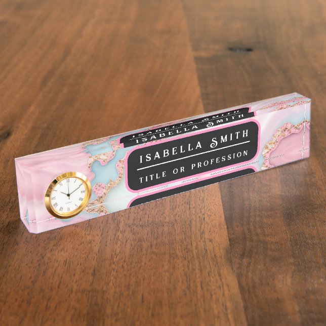 Agate Marble Modern Blue Pink Gold Collection Desk Name Plate (Side)