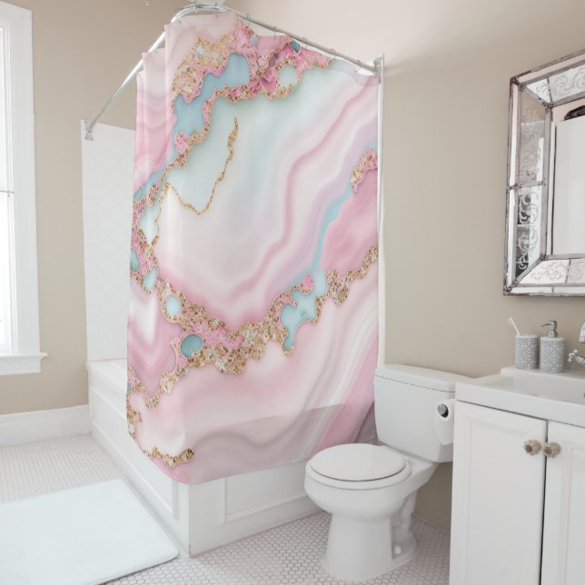 Agate Marble Modern Blue Pink Gold Collection Shower Curtain (In Situ)