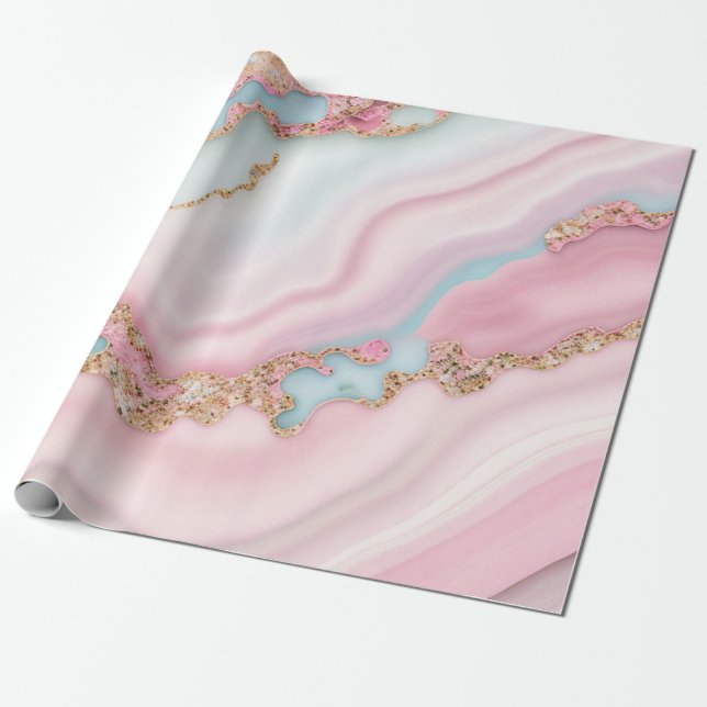 Agate Marble Modern Blue Pink Gold Collection Wrapping Paper (Unrolled)