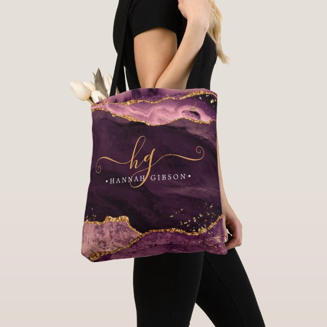 Agate Marble Monogram Burgundy Gold Glitter Tote Bag (Close Up)