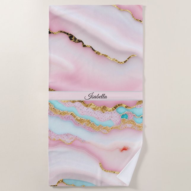 Agate Marble Popular Blue Pink Gold Collection Beach Towel (Front)