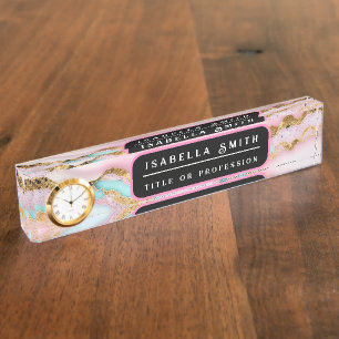 Agate Marble Popular Blue Pink Gold Collection Desk Name Plate