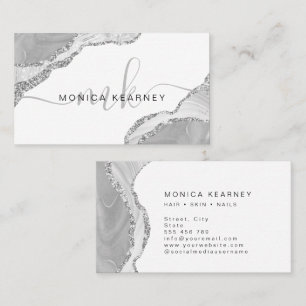 Agate Marble Silver Gray Glitter Monogram Business Card