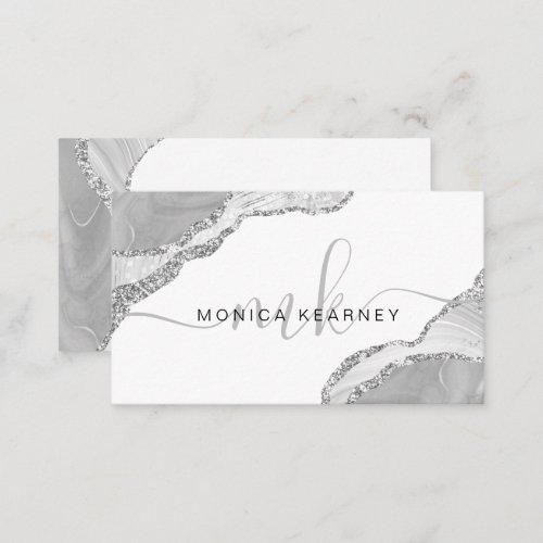 Agate Marble Silver Gray Glitter Monogram Business Card