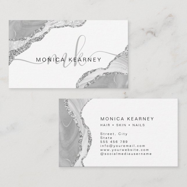 Agate Marble Silver Gray Glitter Monogram Business Card (Front/Back)