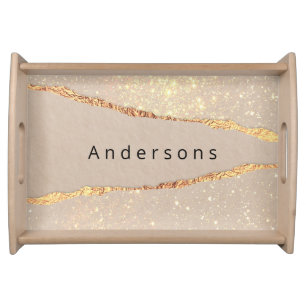Agate marble stone beige gold monogram serving tray