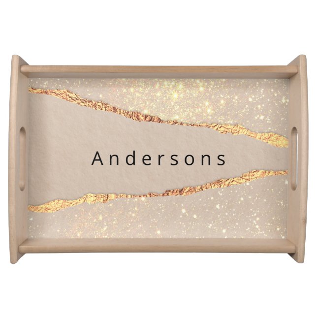 Agate marble stone beige gold monogram serving tray (Front)