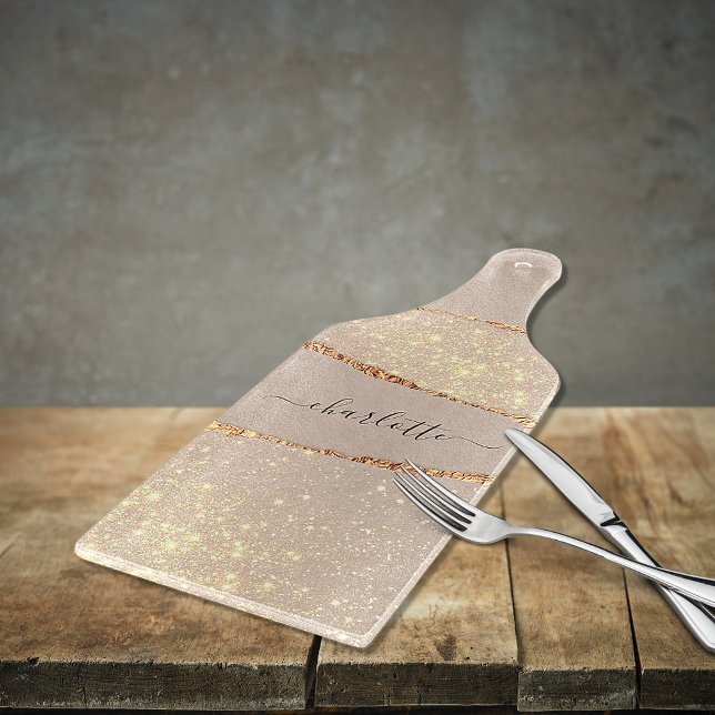 Agate marble stone glitter beige gold monogram cutting board (Creator Uploaded)