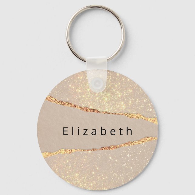 Agate marble stone glitter beige gold monogram  keychain (Front)