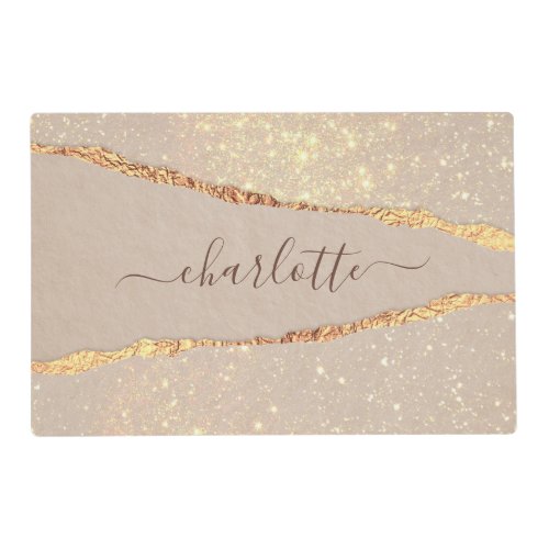 Agate marble stone glitter beige gold name script placemat