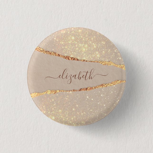 Agate marble stone glitter rose gold name script button (Front)