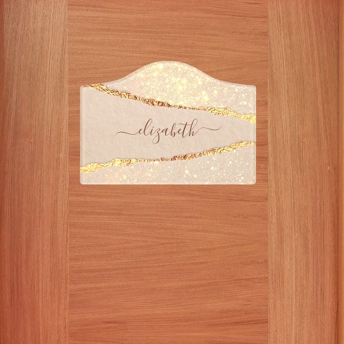Agate marble stone glitter rose gold name script door sign