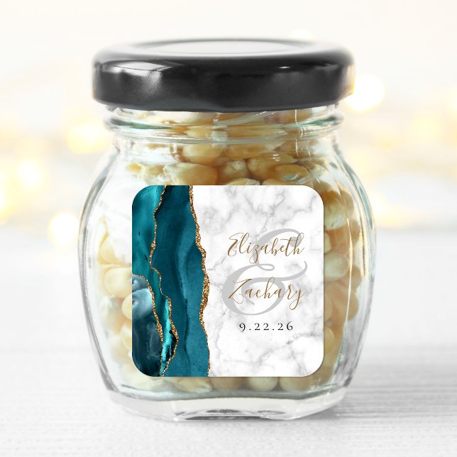 Agate Marble Teal Blue Gold Script Wedding Square Sticker (Creator Uploaded)
