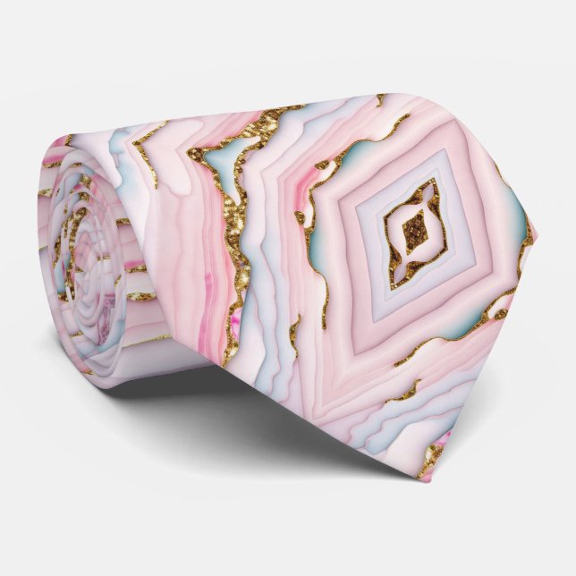 Agate Marble Trendy Blue Pink Gold Collection Neck Tie (Rolled)