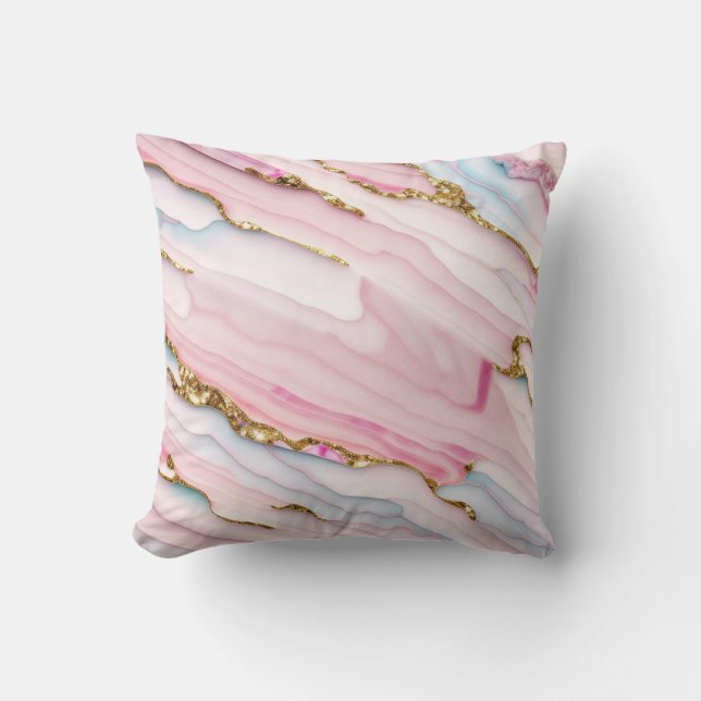 Agate Marble Trendy Blue Pink Gold Collection Throw Pillow (Front)
