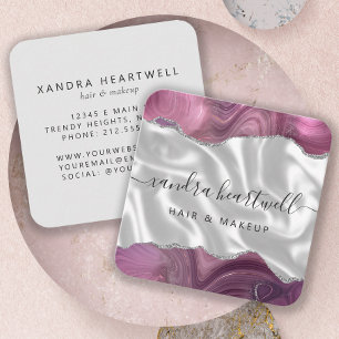 Agate Mauve Silver Glitter Silk Rounded Corners Square Business Card