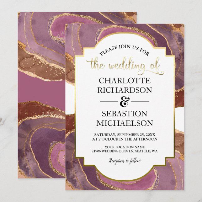 Agate Mauve Watercolor Vintage Gold Wedding Invitation (Front/Back)