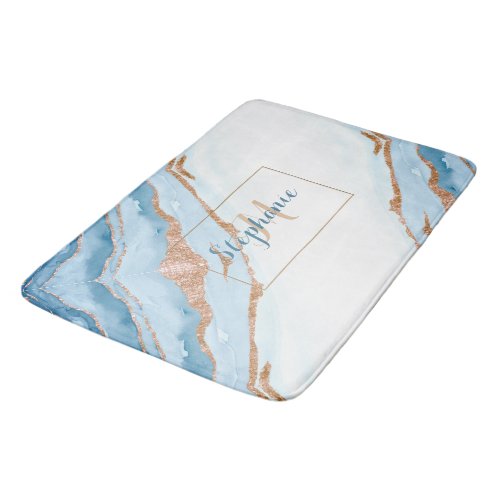 Agate Monogram Blue Gold Glitter Elegant Stylish Bath Mat