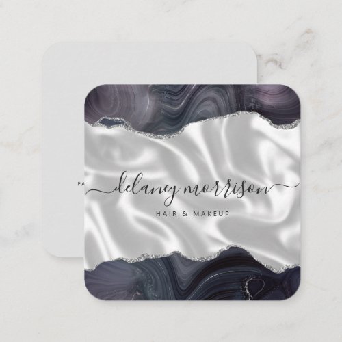 Agate Moody Gray Silver Luxury Rounded Corners Square Business Card