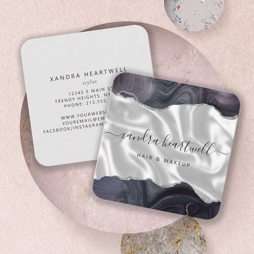 Agate Moody Gray Silver Luxury Rounded Corners Square Business Card